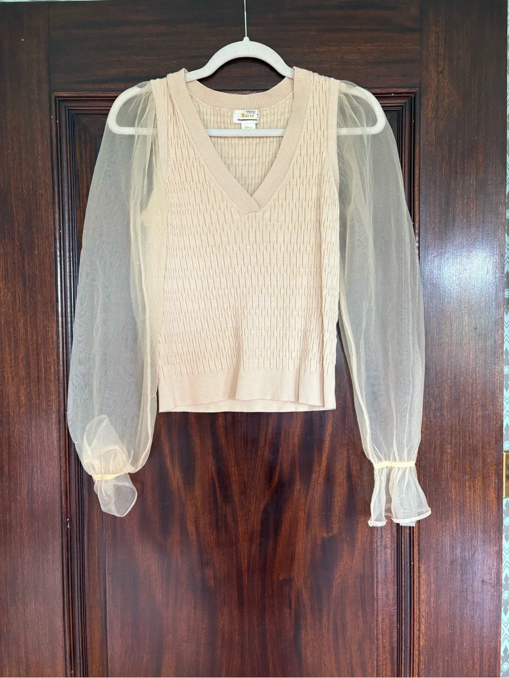 Anthropologie Cream V-Neck Sweater with Sheer Puff Sleeves
